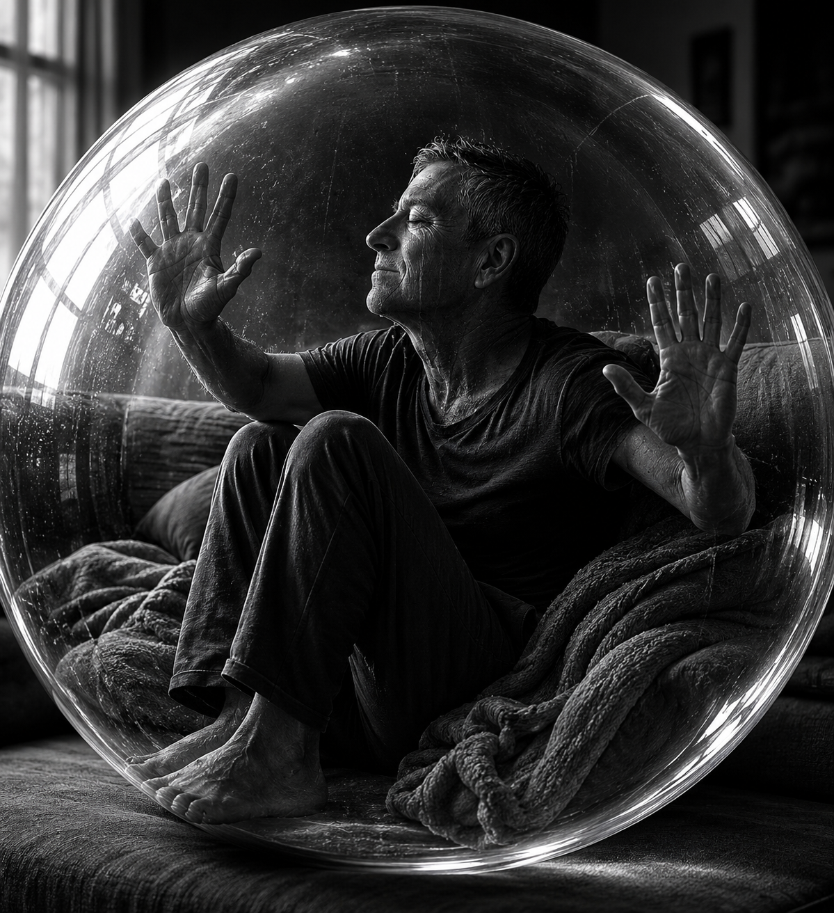 A man sitting on a sofa, enclosed inside a transparent bubble &mdash; the quiet isolation of long-term illness.