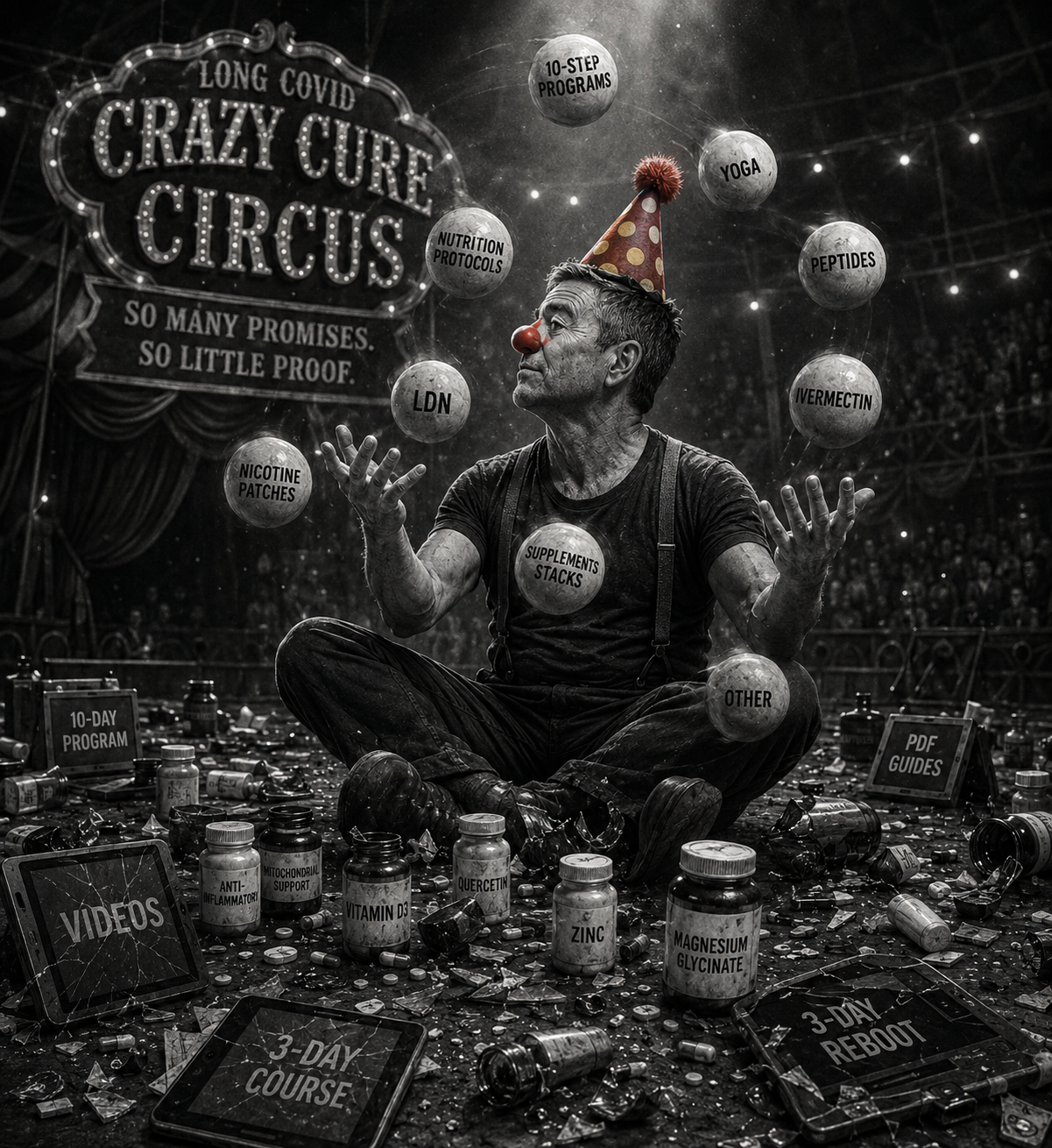 The Long COVID Crazy Cure Circus &mdash; a clown juggling supplements, protocols and programmes surrounded by broken promises.