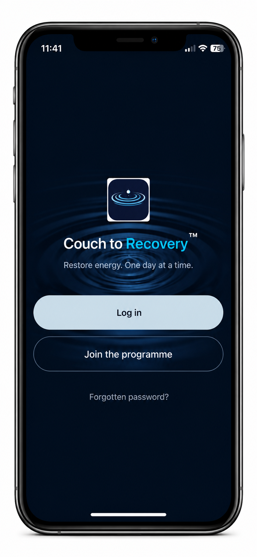 Couch to Recovery app login screen