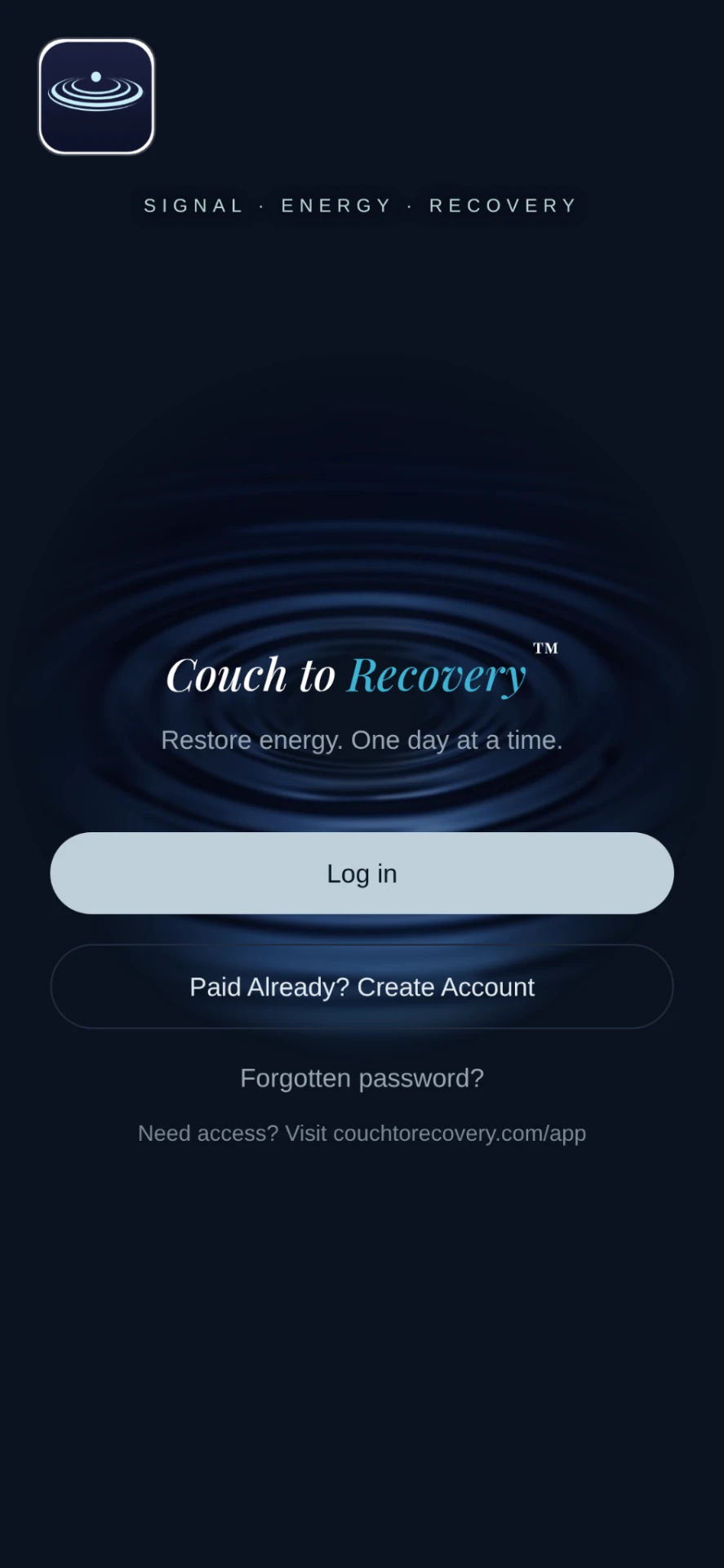 Couch to Recovery™ app — Opening screen, Signal · Energy · Recovery